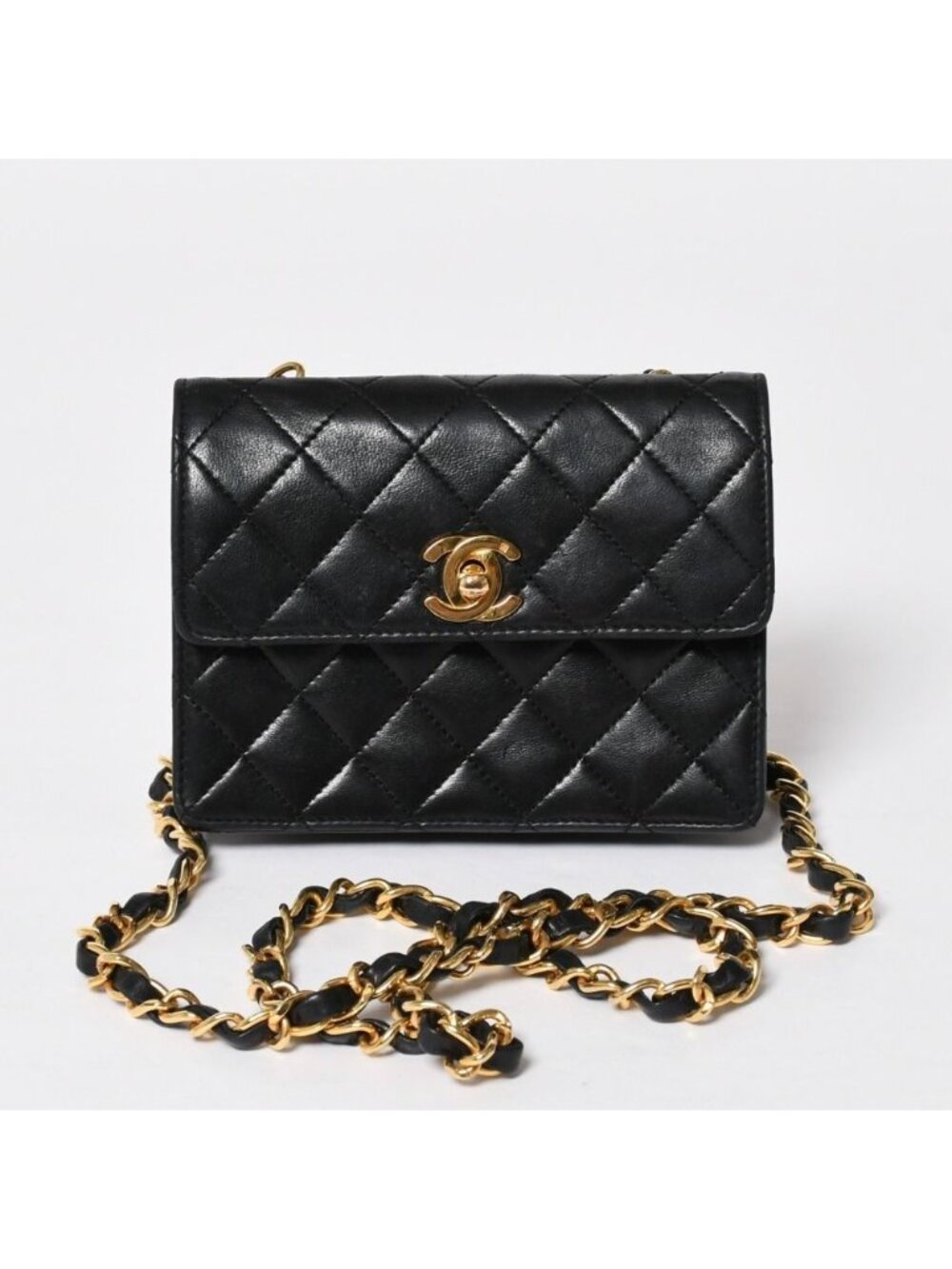 Chanel Mini Quilted 14 Shoulder Bag Lambskin Black Gold